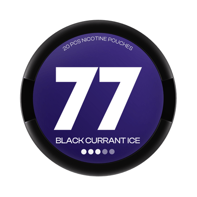 77 Black Currant Ice nicotine pouch can – slim all-white format, 10.4mg, 20 pouches