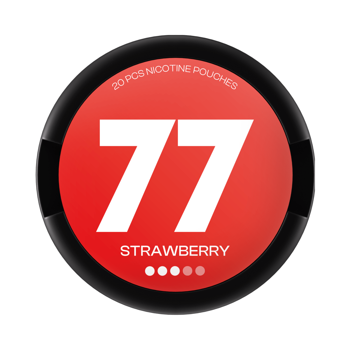 77 Strawberry nicotine pouch can – Slim all-white format, 10.4mg per pouch, 20 pouches