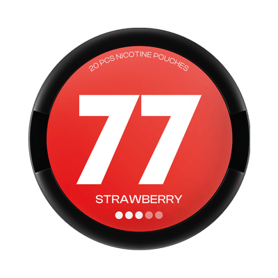77 Strawberry nicotine pouch can – Slim all-white format, 10.4mg per pouch, 20 pouches