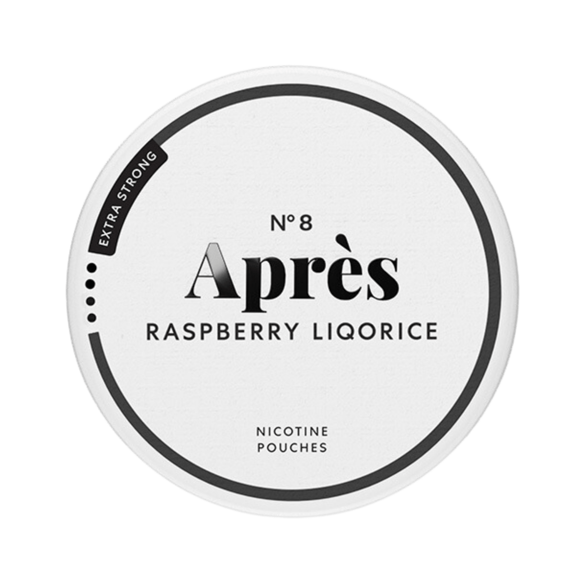 Après Raspberry Liqorice Extra Strong nicotine pouch can – Slim all-white, 8.3mg, 20 pouches
