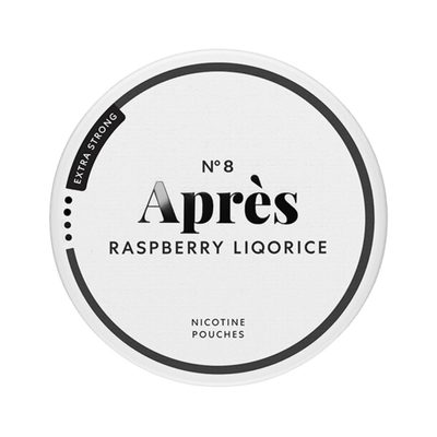 Après Raspberry Liqorice Extra Strong nicotine pouch can – Slim all-white, 8.3mg, 20 pouches