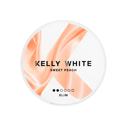 Kelly White Sweet Peach nicotine pouch can – Slim semi-moist, 7.7mg, 20 pouches