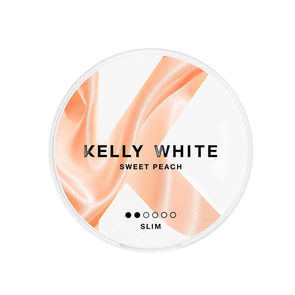 Kelly White Sweet Peach nicotine pouch can – Slim semi-moist, 7.7mg, 20 pouches