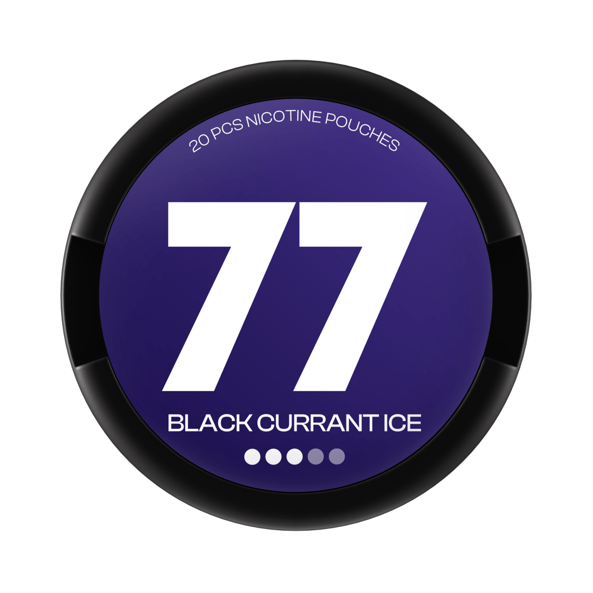 77 Black Currant Ice nicotine pouch can – slim all-white format, 10.4mg, 20 pouches