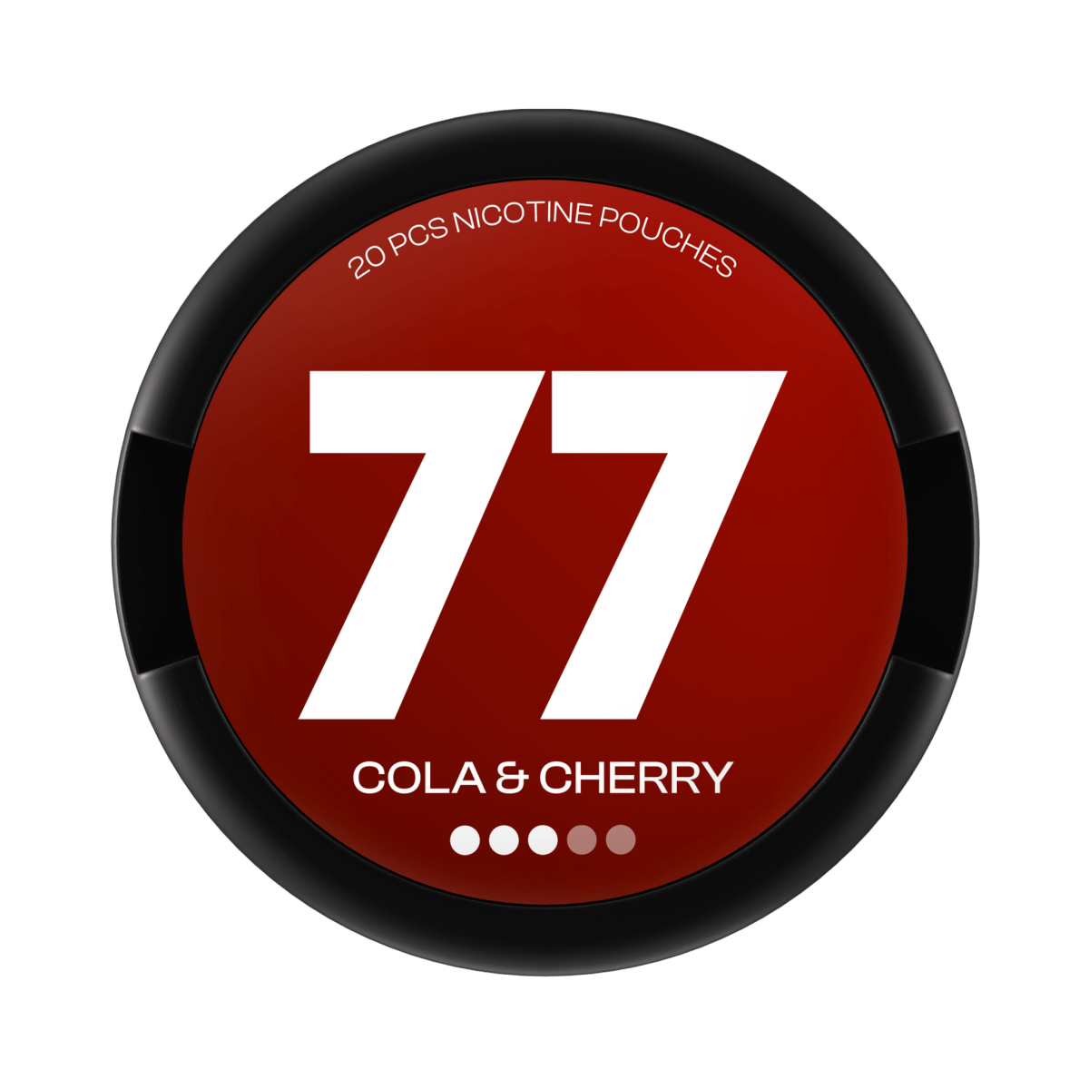 77 Cola & Cherry nicotine pouch can – Slim all-white format, 10.4mg nicotine, 20 pouches per can