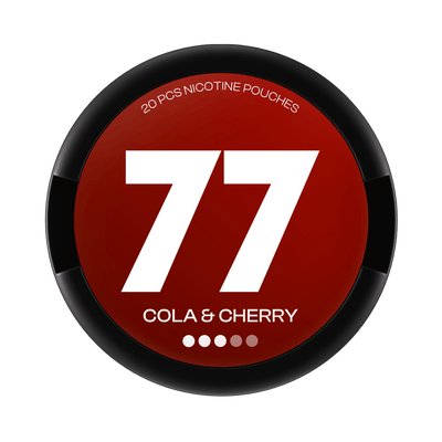 77 Cola & Cherry nicotine pouch can – Slim all-white format, 10.4mg nicotine, 20 pouches per can