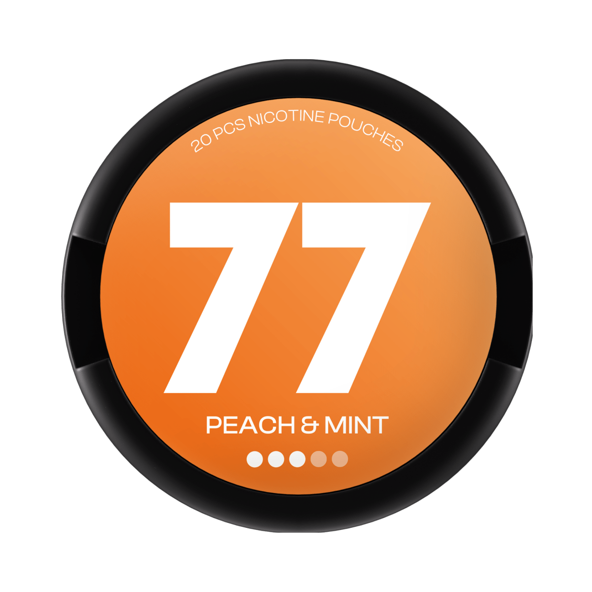 77 Peach & Mint nicotine pouch can – Slim all-white format, 10.4 mg per pouch, 20 pouches