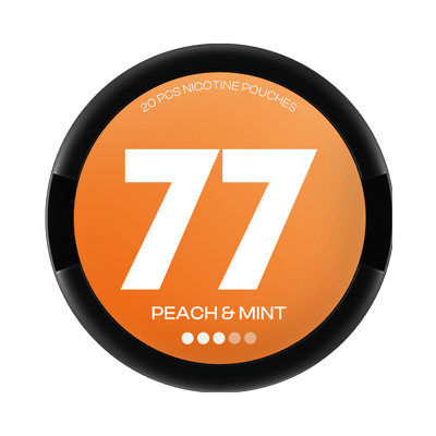 77 Peach & Mint nicotine pouch can – Slim all-white format, 10.4 mg per pouch, 20 pouches