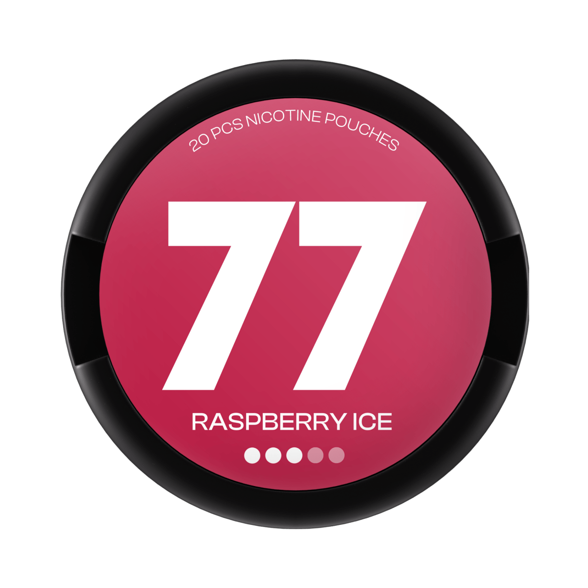 77 Raspberry Ice nicotine pouch can – Slim all-white format, 10.4 mg per pouch, 20 pouches
