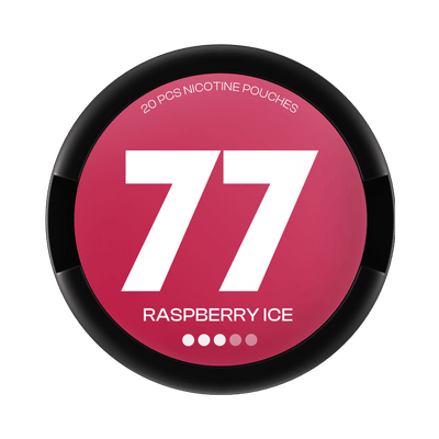 77 Raspberry Ice nicotine pouch can – Slim all-white format, 10.4 mg per pouch, 20 pouches