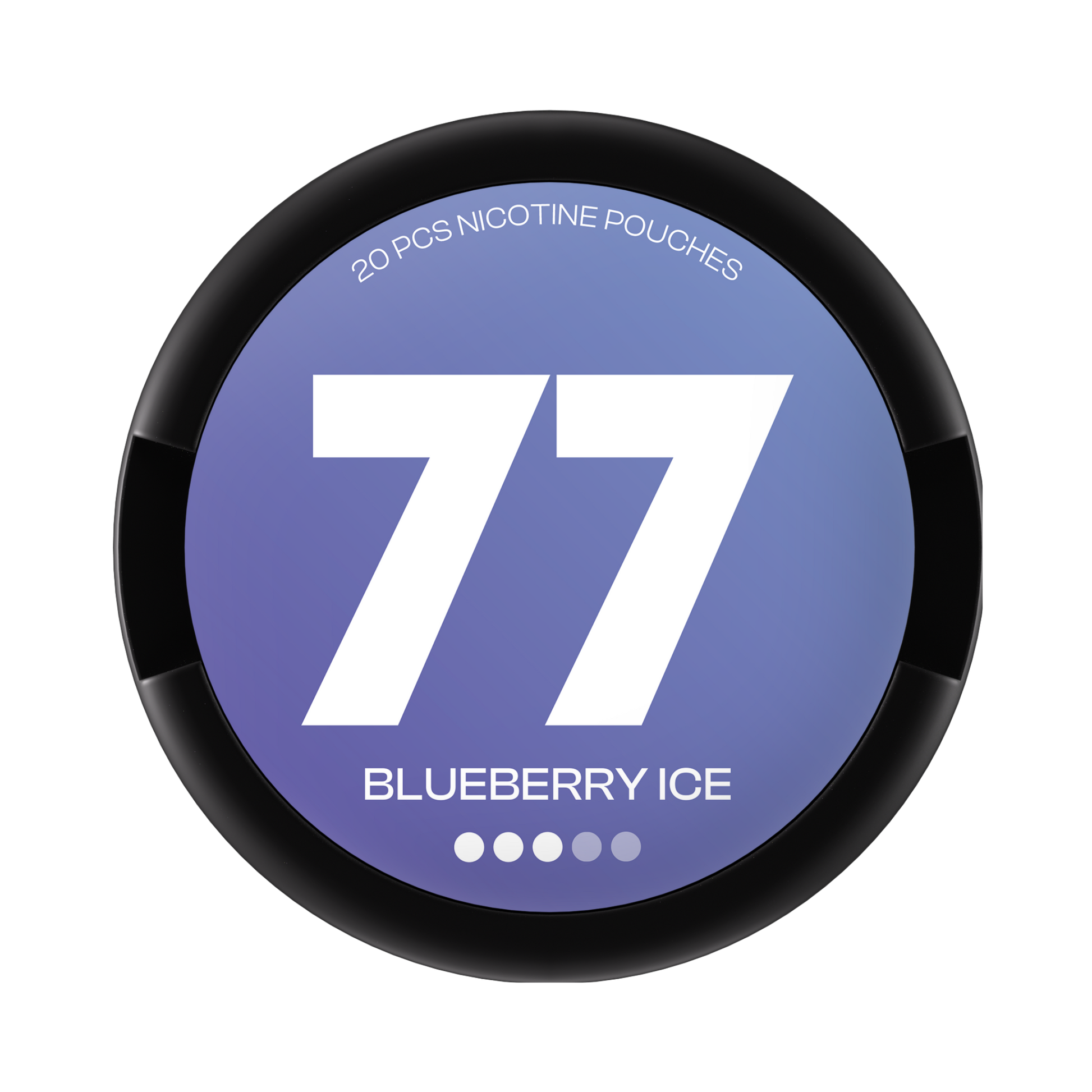 77 Blueberry Ice nicotine pouch can – slim all-white format, 10.4mg, 20 pouches per can