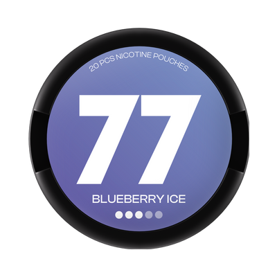 77 Blueberry Ice nicotine pouch can – slim all-white format, 10.4mg, 20 pouches per can