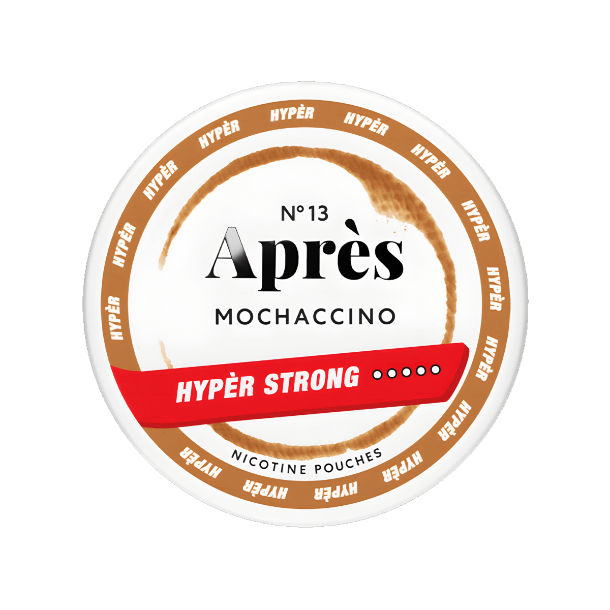 Apres Mochaccino Hyper Strong nicotine pouch can – Slim all-white, 11mg, 20 pouches