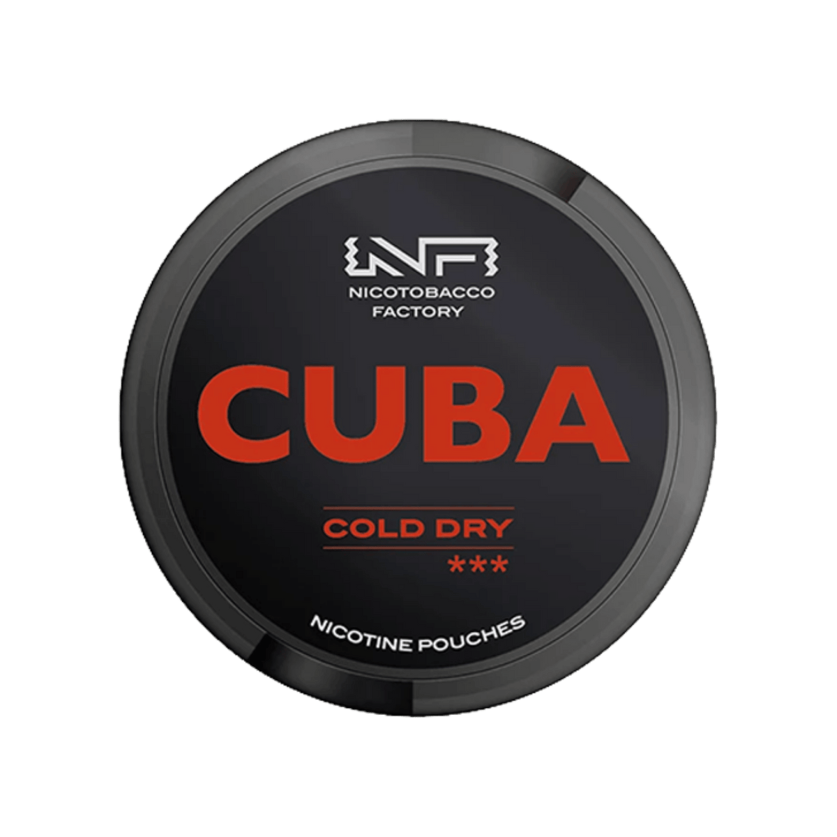 Slim black CUBA Black Cold Dry 43mg nicotine pouch shown against a plain background